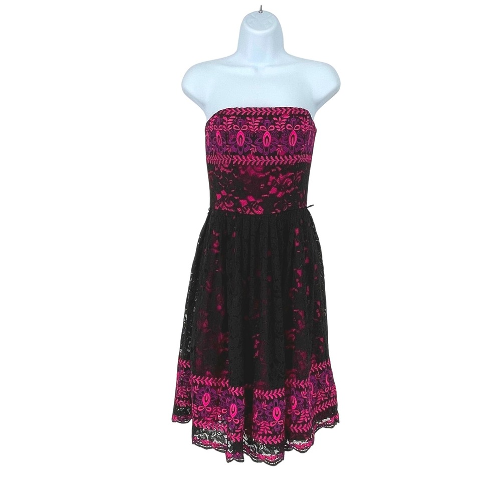 Betsey Johnson Pink Black Lace Strapless Party Dress Size 0‎ Prom Evening